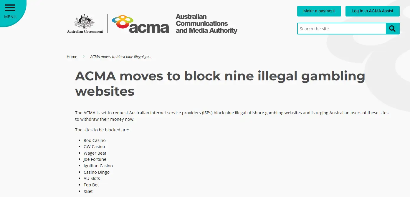 ACMA January 2020 page naming Roo Casino in an ISP blocking action