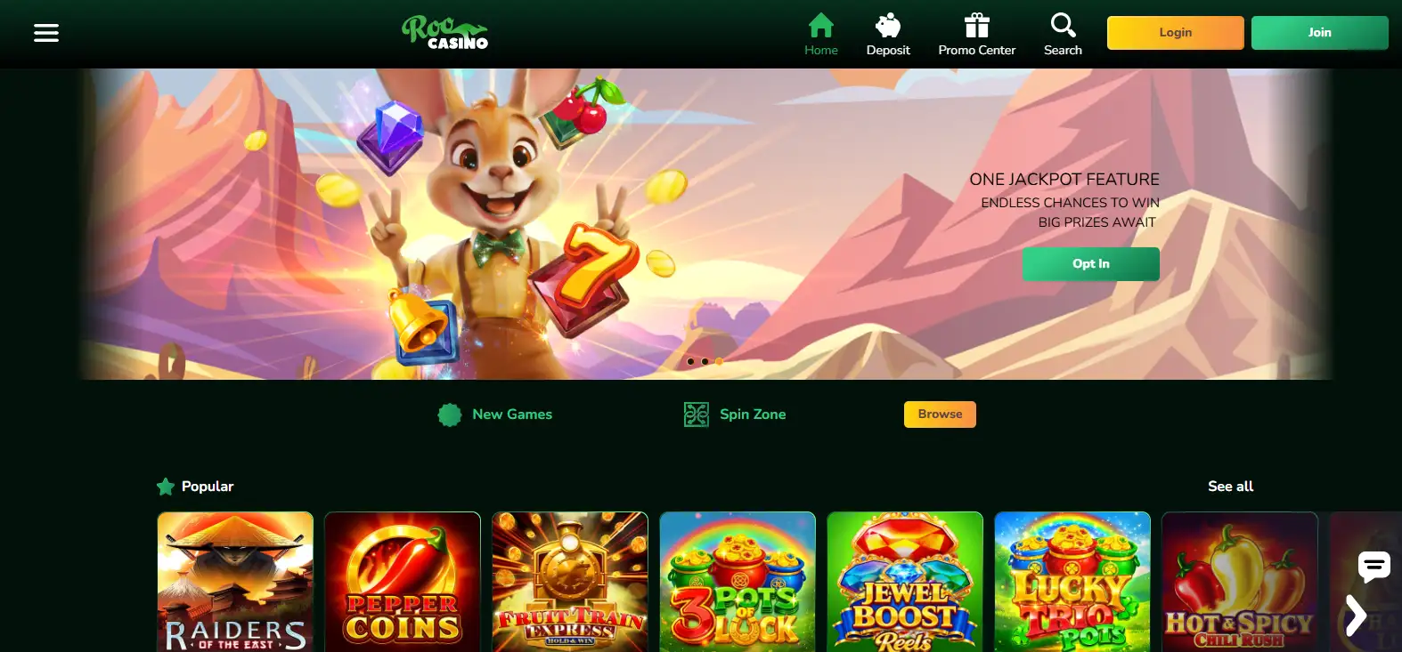 Roo Casino website interface