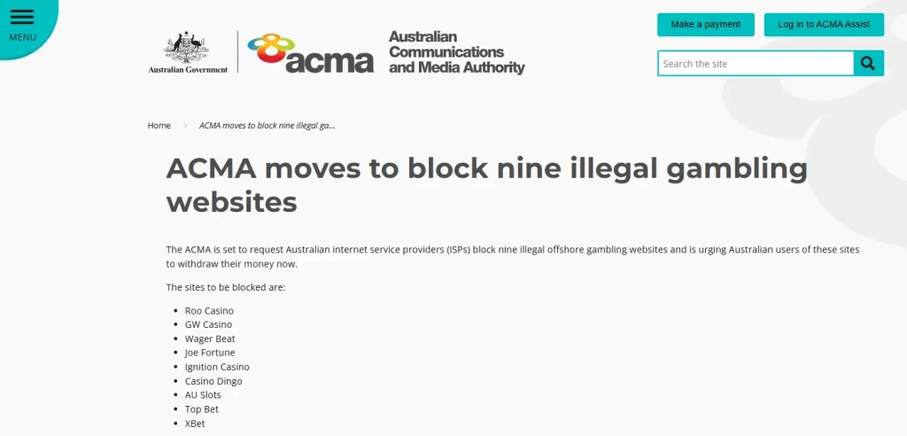 ACMA information naming Roo Casino in an Australian blocking action