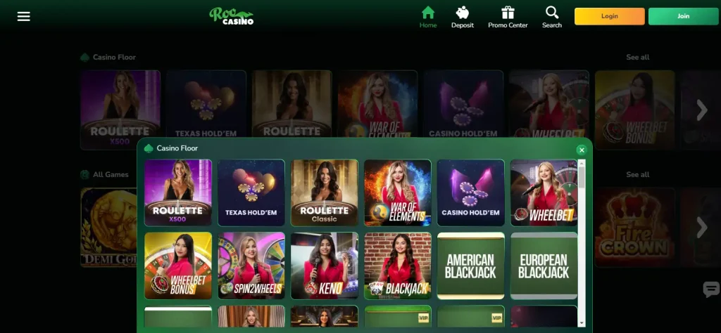 Current Roo Casino live casino lobby with live table categories visible