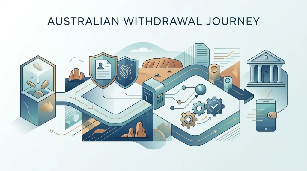 Illustration of an Australian-dollar casino withdrawal moving through verification checkpoints
