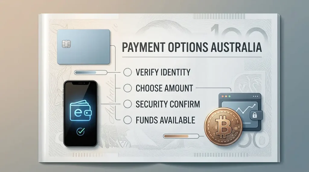 Illustration of Australian-dollar casino payment choices using card, e-wallet and crypto concepts
