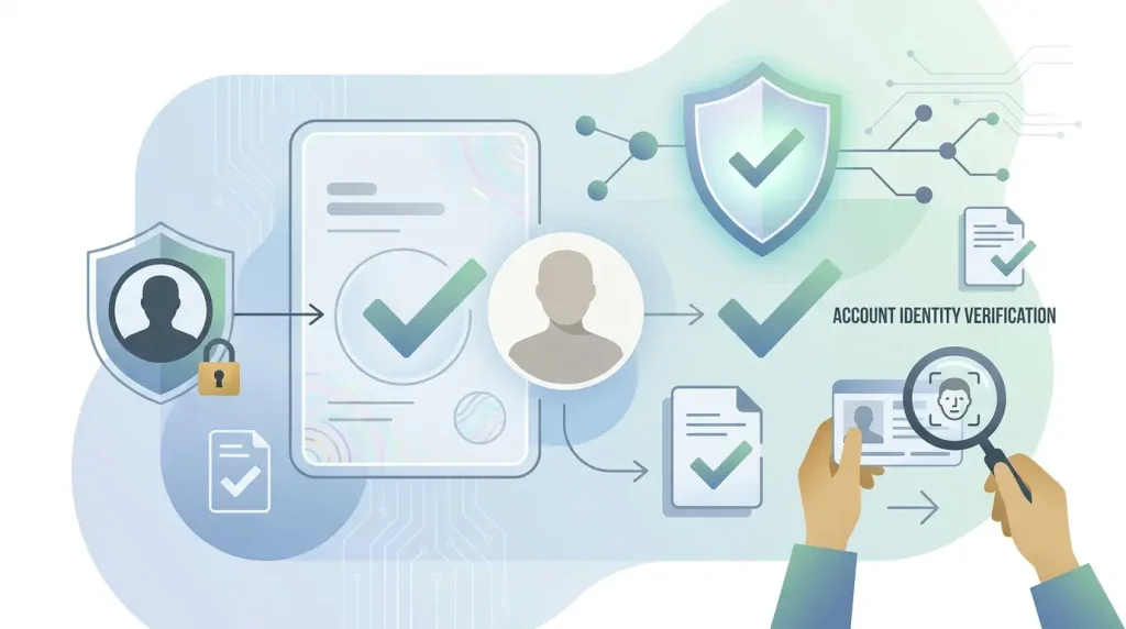 Illustration of identity verification documents beside an account security checkpoint