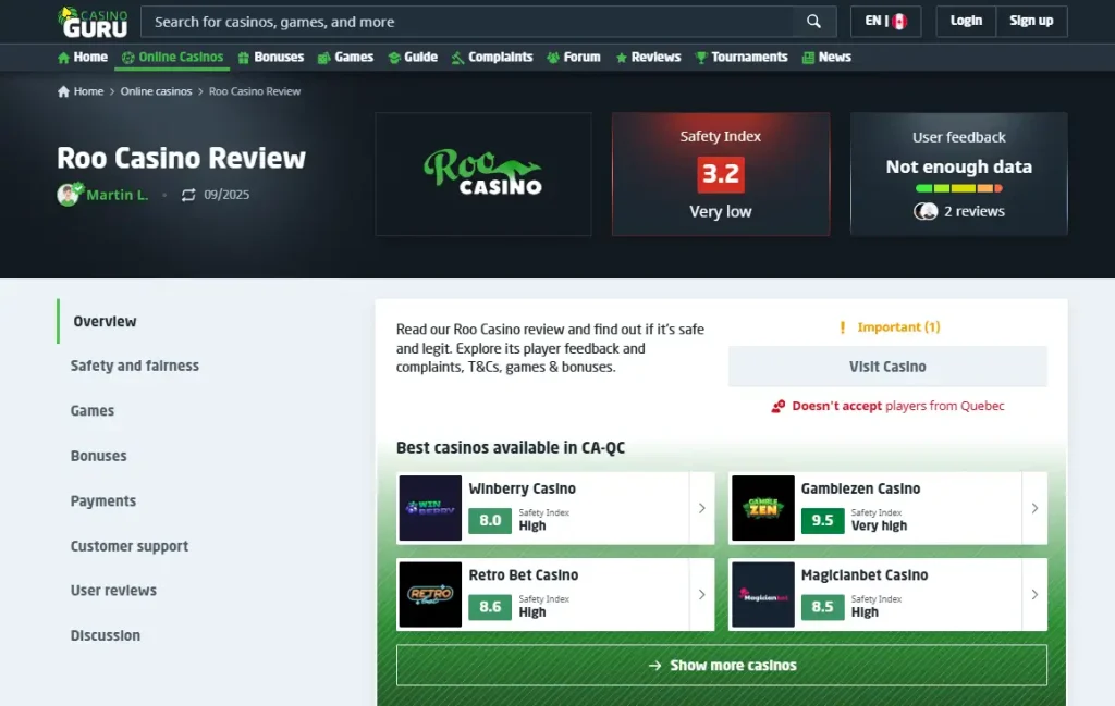 Roo Casino complaint index with dated case statuses