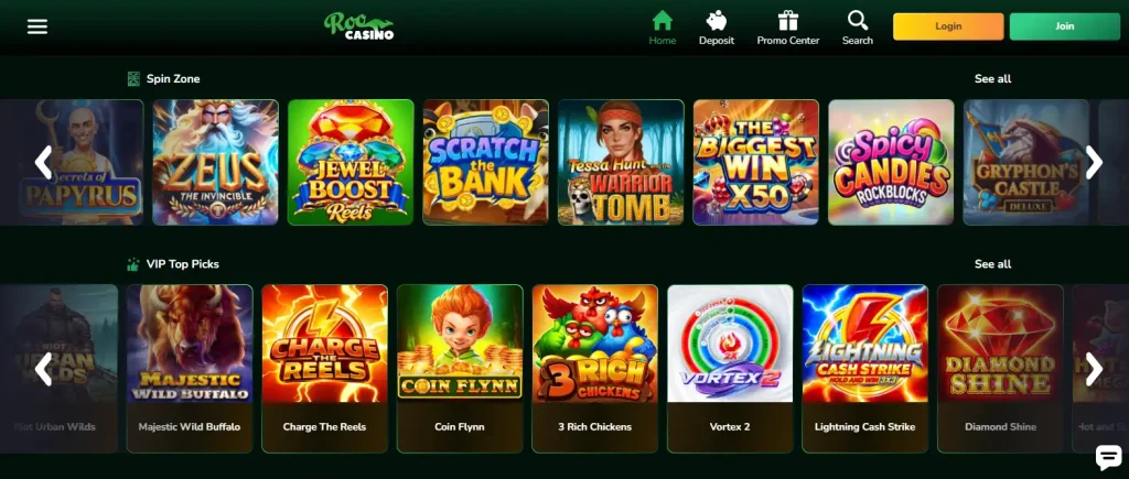 Roo Casino game lobby showing current categories