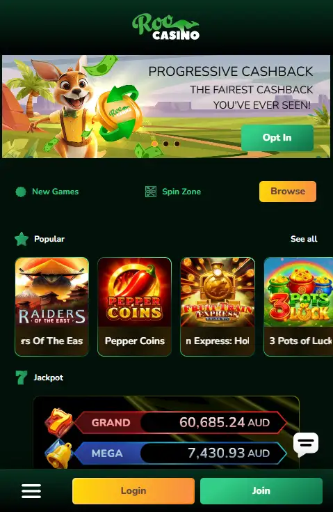Roo Casino interface on a mobile-sized screen
